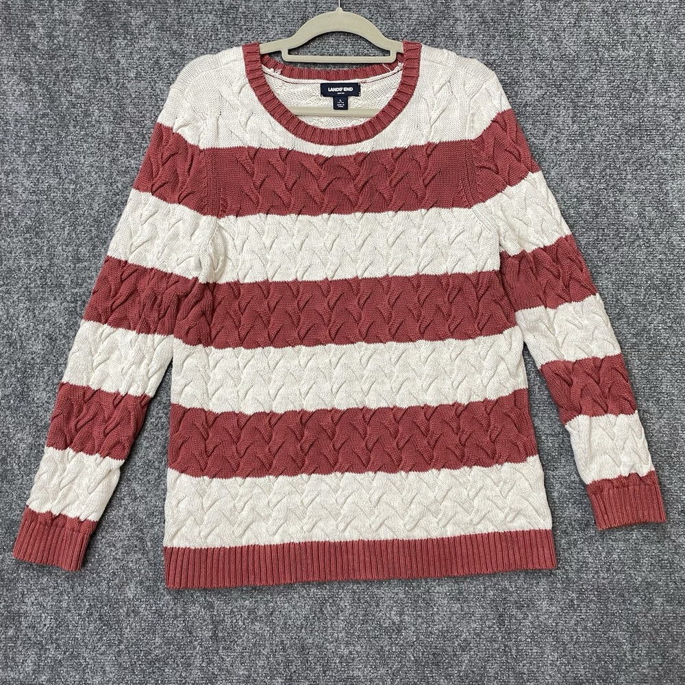 Lands End Drifter Chunky Cable Knit Sweater Striped Crewneck Red Cream Womens L
